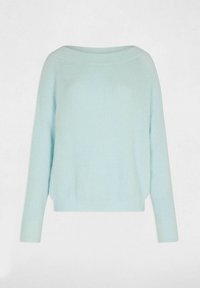 Maglione azzurro chiaro in maglia morbida con vestibilità comoda, scollo a barca e maniche lunghe. Tessuto a costine con orlo leggermente accorciato.