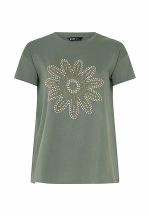 Lysegrøn kortærmet T-shirt med stort dekorativt tusindfrydsdesign lavet af små hvide og gyldne perler på forsiden.