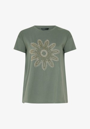 Lysegrøn kortærmet T-shirt med stort dekorativt tusindfrydsdesign lavet af små hvide og gyldne perler på forsiden.