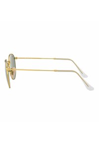 Occhiali da sole in metallo dorato con forma rotonda, lenti specchiate, tempie sottili e punte rivestite in gomma per un maggiore comfort. Presentano una finitura lucida.