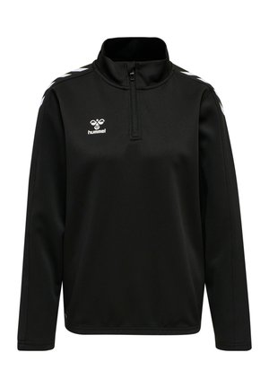 Zwarte sportpullover met een kwart ritssluiting, gemaakt van gladde stof. Voorzien van witte schouderstrepen en een klein logo op de borst.