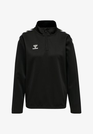 Schwarzer Sportpullover mit einem Viertelreißverschluss, aus glattem Stoff gefertigt. Mit weißen Schulterstreifen und einem kleinen Logo auf der Brust.