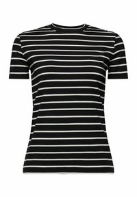 Chemise noire à manches courtes avec un col rond présentant de fines rayures horizontales blanches uniformément espacées sur le tissu.