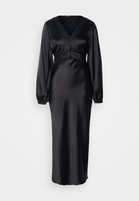 Čierne saténové šaty s dlhými rukávmi, výstrihom do V a čipkovými detailmi v oblasti pása a výstrihu. Hladká textúra s priliehavým strihom.