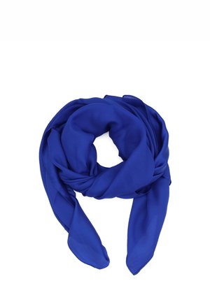 Sciarpa in chiffon blu, delicatamente disposta in forma circolare, con una texture morbida e un design fluido con estremità appuntite.