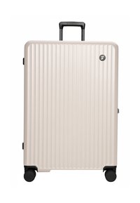 Hard-shell suitcase in light beige, featuring vertical grooves, a retractable black handle, and four black wheels for easy mobility.