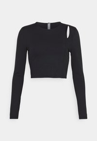 Black cropped long-sleeve top with a round neckline and a cutout detail on the left shoulder. Made from smooth, stretchy fabric.