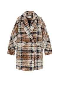 Manteau écossais brun et crème avec un devant croisé, de grands revers et deux poches avant. Fabriqué en tissu doux avec une finition texturée.