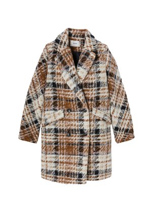 Manteau écossais brun et crème avec un devant croisé, de grands revers et deux poches avant. Fabriqué en tissu doux avec une finition texturée.