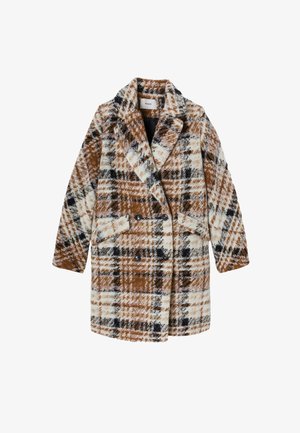 Manteau écossais brun et crème avec un devant croisé, de grands revers et deux poches avant. Fabriqué en tissu doux avec une finition texturée.