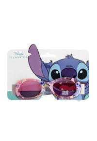 Children's sunglasses with pink patterned plastic frames and dark pink lenses. Includes UV protection. Packaged with character design of Stitch.