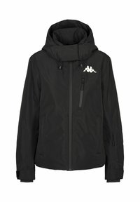 Schwarze wasserfeste Jacke mit hohem Kragen, Reißverschlusstasche auf der Brust, elastischen Bündchen und einem Logo auf der linken Schulter. Glatte Textur.