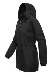Veste imperméable noire avec capuche, taille cintrée, poignets élastiques et fermeture éclair intégrale. Fabriquée en tissu lisse et durable.