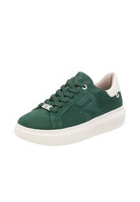 Green suede sneakers with white accents, round toe, flat rubber sole, and matching laces. Features logo detail and textured surface.