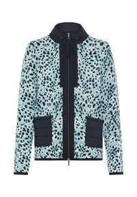 Leichte Jacke mit einem blau-schwarzen Leopardenmuster, mit einem Reißverschluss, hohem Kragen und zwei marineblauen gesteppten Taschen.