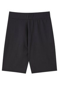 Pantalones cortos negros hasta la rodilla con cintura elástica y sin patrones ni logotipos visibles sobre un fondo blanco.