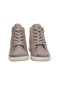 Pair of light brown suede high-top sneakers with beige laces, side zippers, and white rubber soles shown from the front.