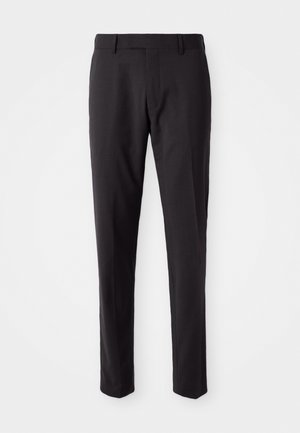 Black tailored trousers with a flat front, slim fit, belt loops, and a smooth texture. Suitable for formal or business attire.