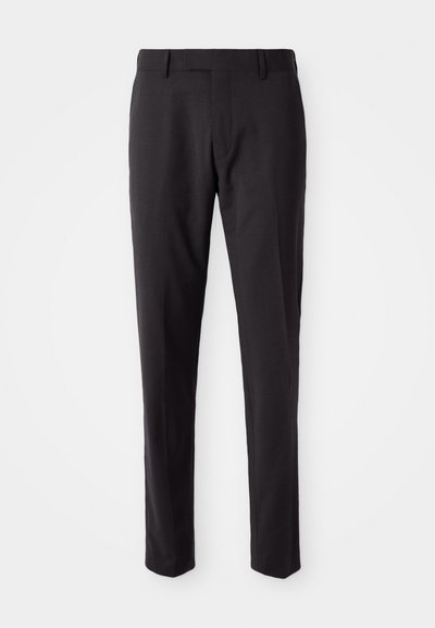 Black tailored trousers with a flat front, slim fit, belt loops, and a smooth texture. Suitable for formal or business attire.