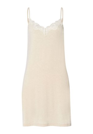 Roomkleurige mouwloze slipjurk met dunne bandjes en kantafwerking langs de V-hals.