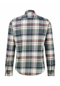Koszula w kraciasty wzór z długim rękawem w odcieniach szarości, granatu, czerwieni i jasnoniebieskiego. Wykonana z bawełny, z mankietami na guziki i klasycznym kołnierzykiem. Widok z tyłu.