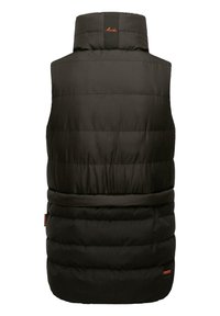 Gilet rembourré noir avec col montant, présentant une texture matelassée, un ourlet ajustable et un petit logo près du bas sur le côté gauche.
