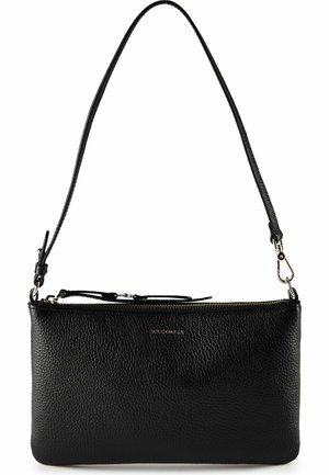 Borsa a tracolla di pelle nera strutturata con tracolla removibile e chiusura con cerniera dorata, taglia media, marchio dorato minimalista sul davanti.