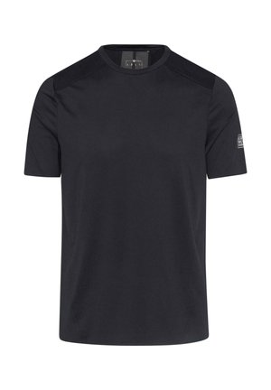 T-shirt noir à manches courtes en tissu lisse, avec des manches raglan, un col rond et un petit logo sur la manche gauche.