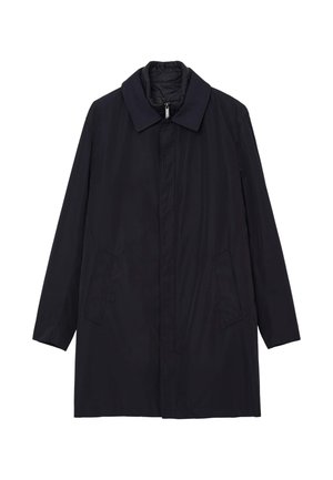 Parka leggera blu navy con maniche lunghe, colletto a punta, tasche laterali e chiusura con zip frontale. Texture liscia e opaca.