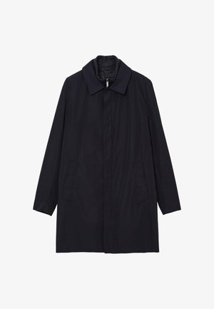 Marineblaue, leichte Parka mit langen Ärmeln, einem geschlitzten Kragen, Seitentaschen und einem Reißverschluss vorne. Glatte, matte Textur.