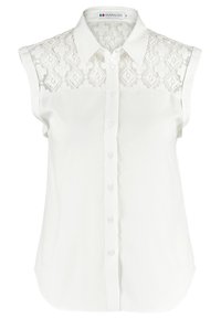 Blusa bianca senza maniche con una parte superiore in pizzo testurizzato, chiusura frontale con bottoni e orlo arrotondato, realizzata in tessuto leggero per il comfort.