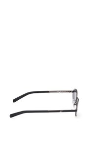 Metalické černé sluneční brýle s obdélníkovými čočkami. Úzké strany s texturovaným úchopem a nastavitelnými nosníky pro pohodlí.