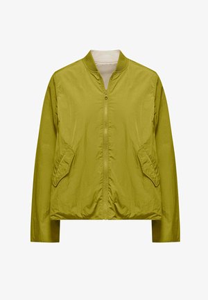 Lichtgewicht bomberjack in olijfgroen met een ritssluiting aan de voorkant en schuine klepzakken, voorzien van een geribbelde kraag en lange mouwen.