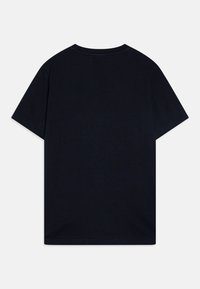 T-shirt in cotone blu scuro con maniche corte, scollo rotondo e una texture liscia. Nessun motivo o grafica visibile sul retro.