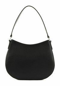 Sac à main noir avec un extérieur texturé, une forme courbée et une seule sangle. Présente des accents lisses et un fond structuré.