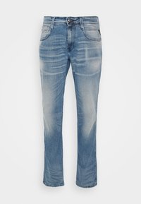 Ljusblå denimjeans med rak passform, blekta områden, standard femficksdesign och knappstängning i midjan.