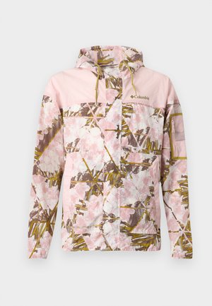 Light pink Columbia hooded jacket with floral and leaf camouflage pattern, front zipper and pockets, elastic cuffs, and logo on chest.
