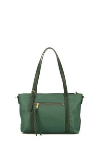 Borsa tote verde con un design testurizzato, doppie maniglie, tasca anteriore con zip e dettagli in oro. Forma quadrata con uno stile strutturato.