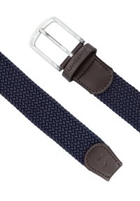 Granatowy pleciony pasek z brązowymi skórzanymi akcentami i prostokątną srebrną klamrą, podkreślający teksturę i rzemiosło.