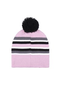 Gorro de punto en rosa con rayas negras, grises y blancas. Presenta un gran pompón negro en la parte superior. Está hecho de un material suave y texturizado.