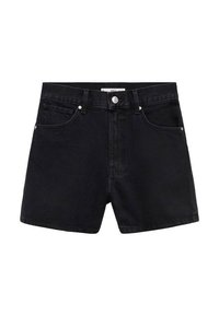 Črne denim kratke hlače klasičnega kroja, z osmimi žepi, sprednjim gumbom in subtilnimi šivi.