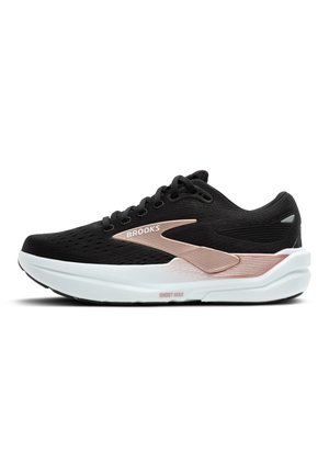 Schwarzer Sportschuh mit atmungsaktivem Obermaterial, ausgestattet mit einem Rose-Gold-Akzent und einer weißen, gepolsterten Sohle, die für Komfort und Unterstützung sorgt.