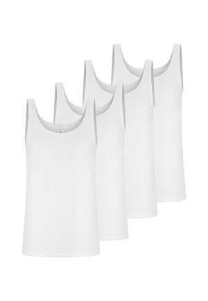 Pięć gładkich, białych, bezrękawnikowych topów ułożonych w przesuniętym rzędzie, podkreślających ich okrągły dekolt i dopasowany kształt.