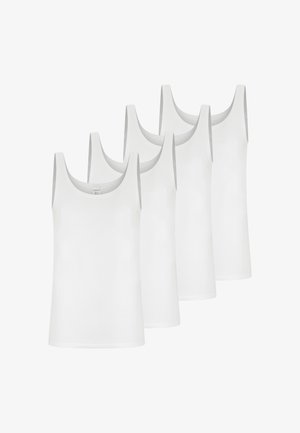 Fünf schlichte weiße ärmellose Tanktops, in versetzter Reihe angeordnet, die ihren Rundhalsausschnitt und die taillierte Form hervorheben.