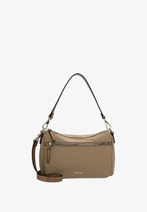 Beige synthetic leather handbag with a curved shape, single top handle, and detachable shoulder strap. Features a front zip pocket and minimalist design.