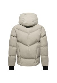 Giacca puffer beige chiaro con cappuccio, caratterizzata da un motivo a zigzag sul retro, polsini neri elasticizzati e texture liscia e opaca.