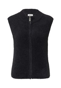 Schwarze ärmellose Weste mit hohem Kragen, strukturiertem Strickmuster und einem Reißverschluss vorne. Hergestellt aus weichem, flauschigem Material.