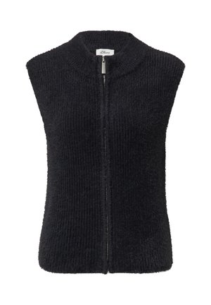 Schwarze ärmellose Weste mit hohem Kragen, strukturiertem Strickmuster und einem Reißverschluss vorne. Hergestellt aus weichem, flauschigem Material.