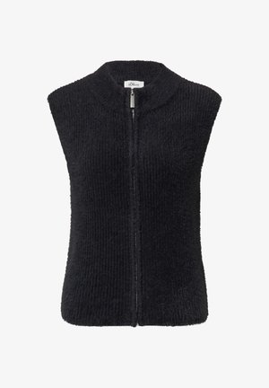Black sleeveless vest with a high collar, textured knit pattern, and a front zipper. Made from soft, fuzzy material.