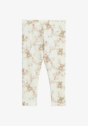 Katoenen leggings met een lichtbeige basis, voorzien van een patroon met teddyberen en bloemen, een elastische tailleband en gegolfde zoom bij de enkels.